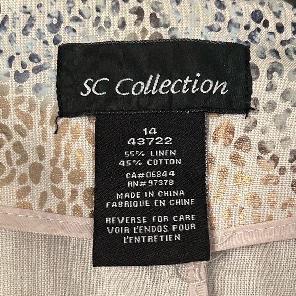 SC Collection Beige Gold Blue Linen Animal Print Jacket Metallic Zipper Size 14 - Picture 5 of 10